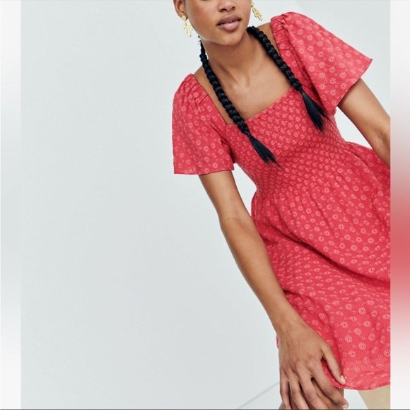 Madewell Dresses & Skirts - Madewell Embroidered Red Floral Eyelet Lucie Smocked Mini Dress size Medium